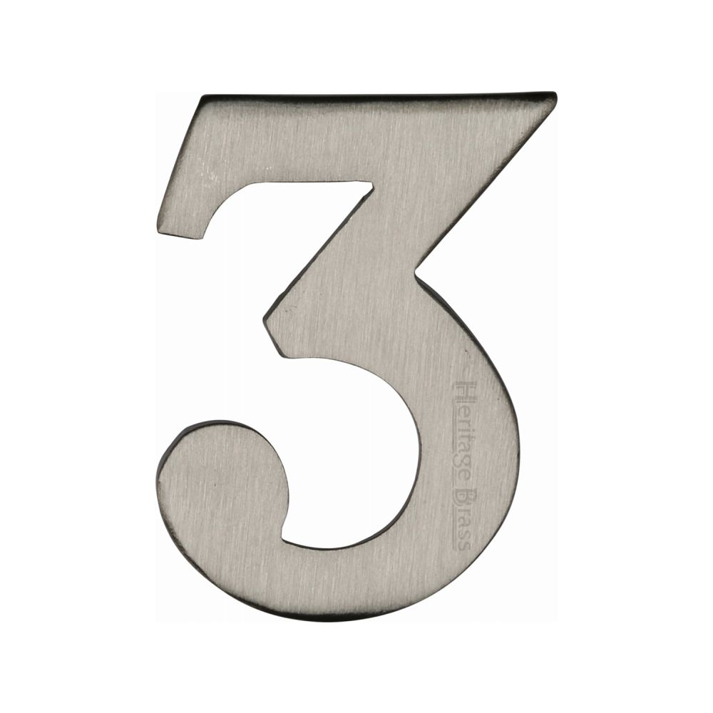 This is an image of a Heritage Brass - Numeral 3 Self Adhesive 51mm (2") Satin Nickel Finish, c1568-3-sn that is available to order from T.H Wiggans Ironmongery in Kendal.