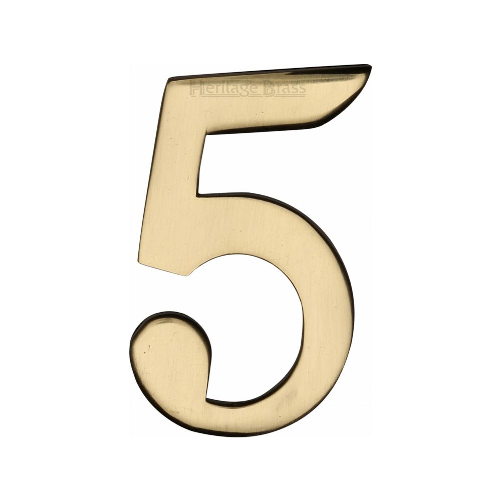 This is an image of a Heritage Brass - Numeral 5 Self Adhesive 51mm (2") Polished Brass Finish, c1568-5-pb that is available to order from T.H Wiggans Ironmongery in Kendal.