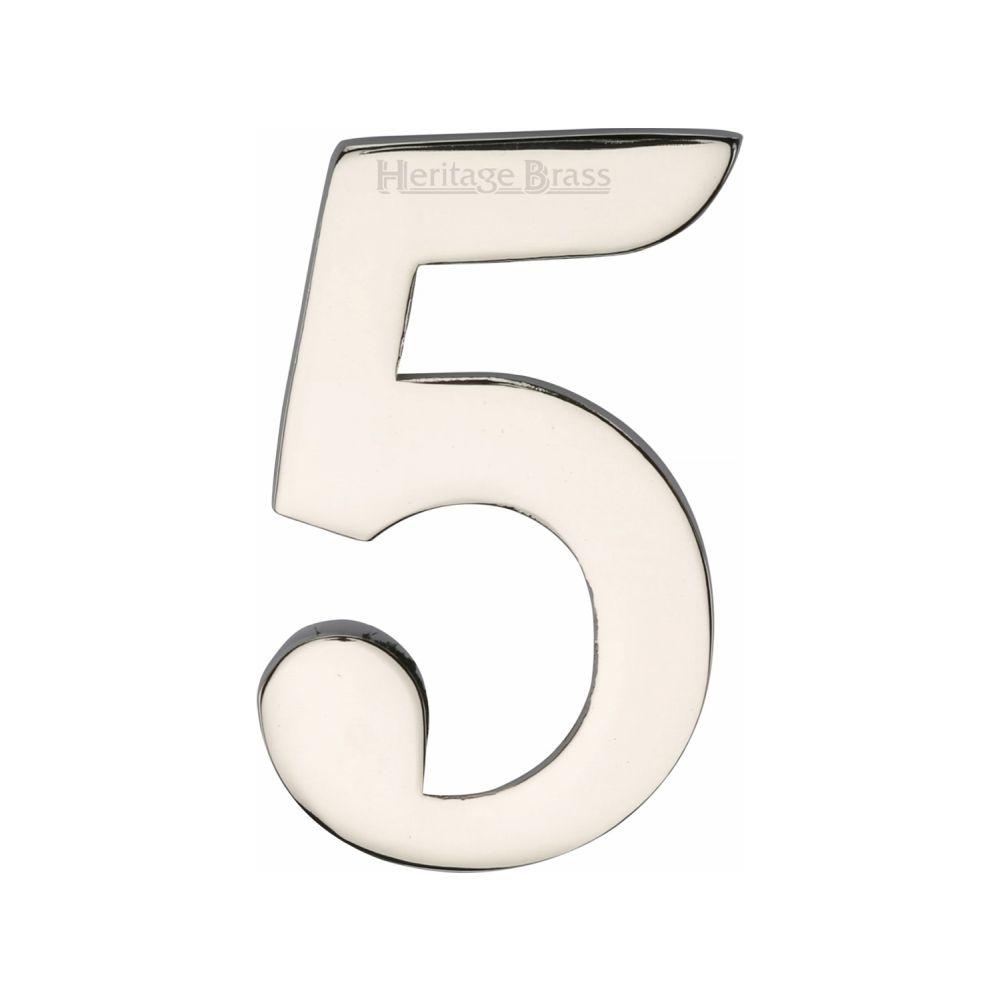 This is an image of a Heritage Brass - Numeral 5 Self Adhesive 51mm (2") Polished Nickel Finish, c1568-5-pnf that is available to order from T.H Wiggans Ironmongery in Kendal.