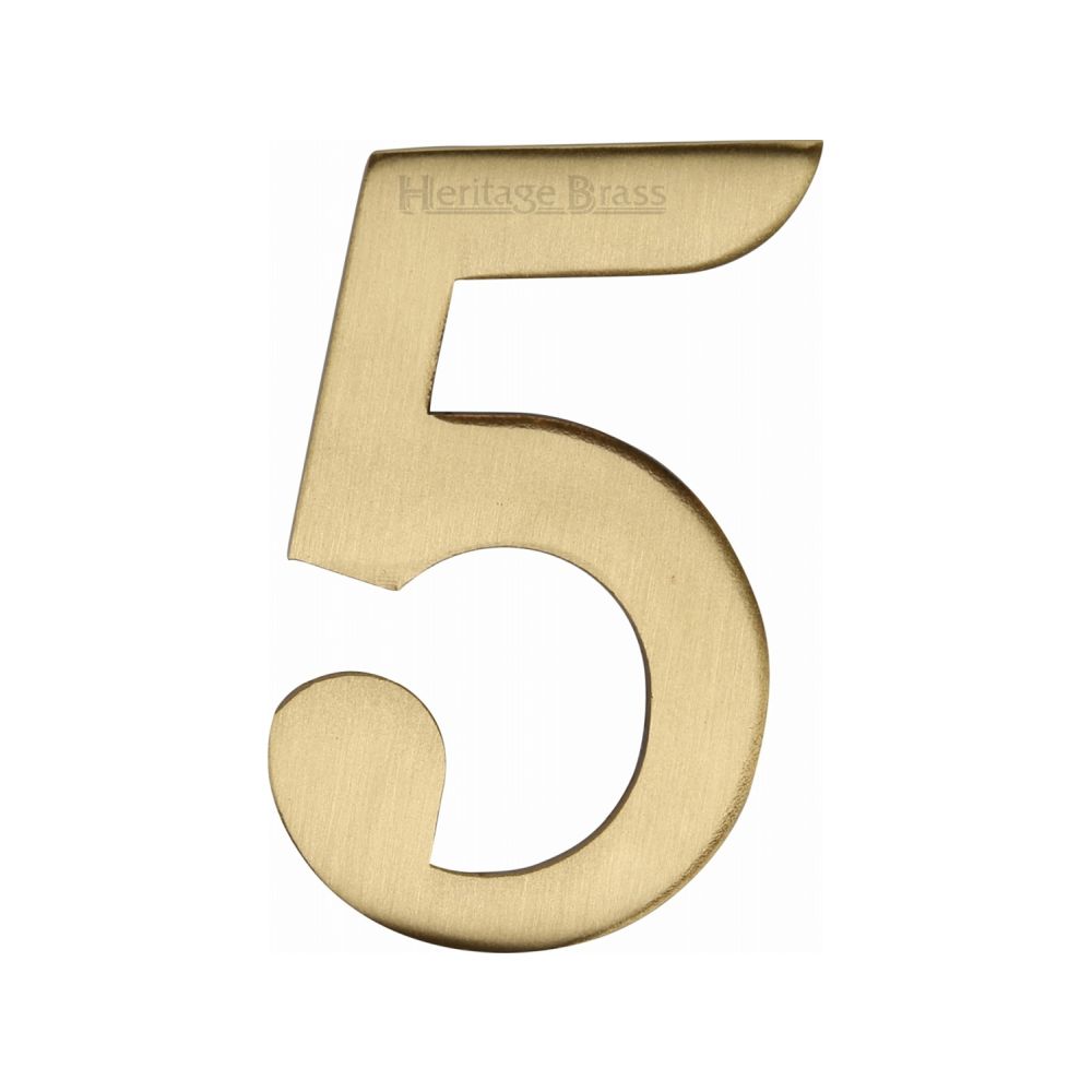 This is an image of a Heritage Brass - Numeral 5 Self Adhesive 51mm (2") Satin Brass Finish, c1568-5-sb that is available to order from T.H Wiggans Ironmongery in Kendal.