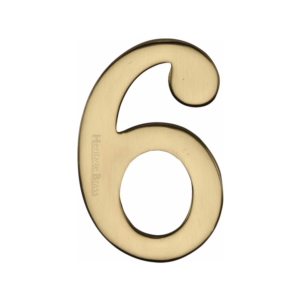 This is an image of a Heritage Brass - Numeral 6 Self Adhesive 51mm (2") Polished Brass Finish, c1568-6-pb that is available to order from T.H Wiggans Ironmongery in Kendal.
