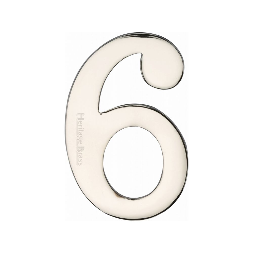 This is an image of a Heritage Brass - Numeral 6 Self Adhesive 51mm (2") Polished Nickel Finish, c1568-6-pnf that is available to order from T.H Wiggans Ironmongery in Kendal.