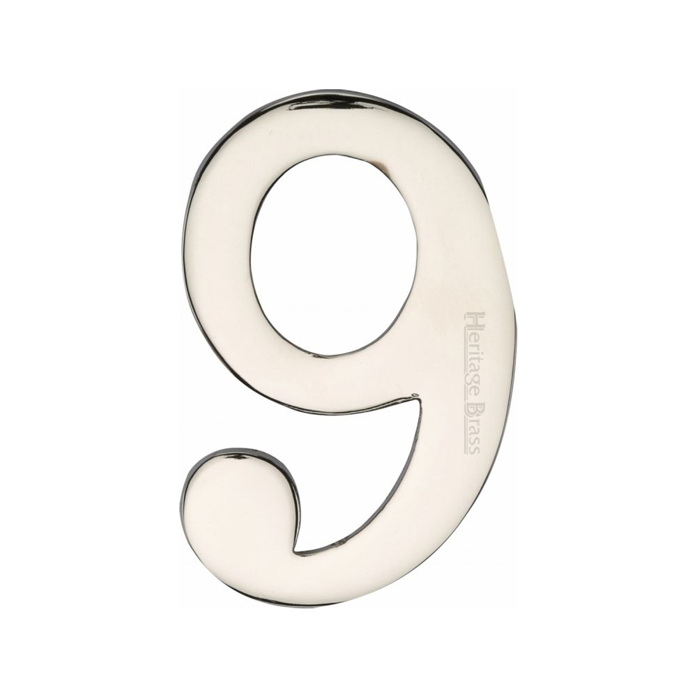 This is an image of a Heritage Brass - Numeral 9 Self Adhesive 51mm (2") Polished Nickel Finish, c1568-9-pnf that is available to order from T.H Wiggans Ironmongery in Kendal.
