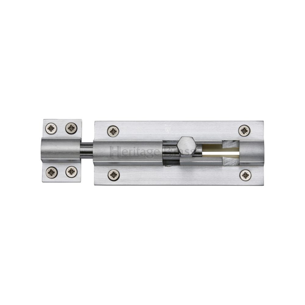This is an image of a Heritage Brass - Door Bolt Straight 4" x 1.5" Satin Chrome Finish, c1584-4-sc that is available to order from T.H Wiggans Ironmongery in Kendal.