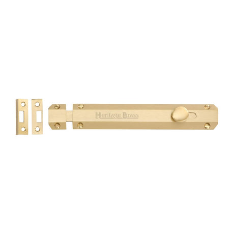 This is an image of a Heritage Brass - Door Bolt Flat 8" Satin Brass Finish, c1685-8-sb that is available to order from T.H Wiggans Ironmongery in Kendal.