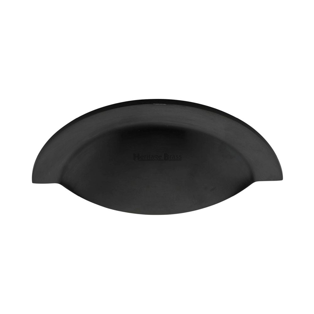 This is an image of a Heritage Brass - Drawer Cup Pull Crescent Design Matt Black Finish, c1730-bkmt that is available to order from T.H Wiggans Ironmongery in Kendal.