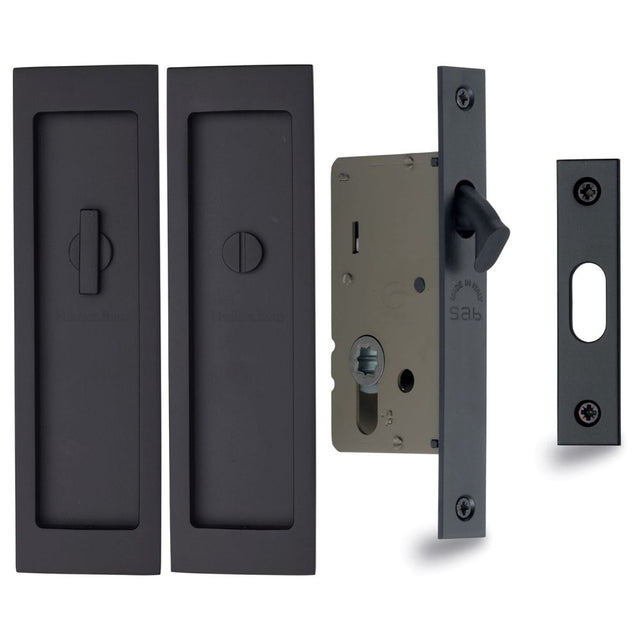 This is an image of a Heritage Brass - Flush Pull Privacy Set 197mm Matt Black Finish, c1877-bkmt that is available to order from T.H Wiggans Ironmongery in Kendal.
