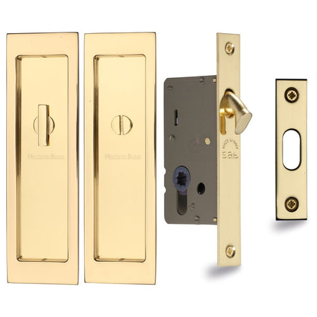 This is an image of a Heritage Brass - Flush Pull Privacy Set 197mm Polished Brass Finish, c1877-pb that is available to order from T.H Wiggans Ironmongery in Kendal.