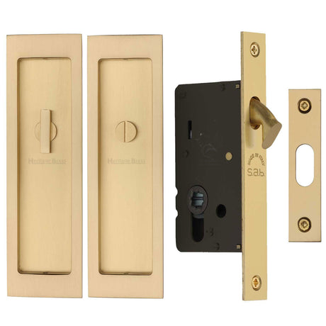 This is an image of a Heritage Brass - Flush Pull Privacy Set 197mm Satin Brass finish, c1877-sb that is available to order from T.H Wiggans Ironmongery in Kendal.
