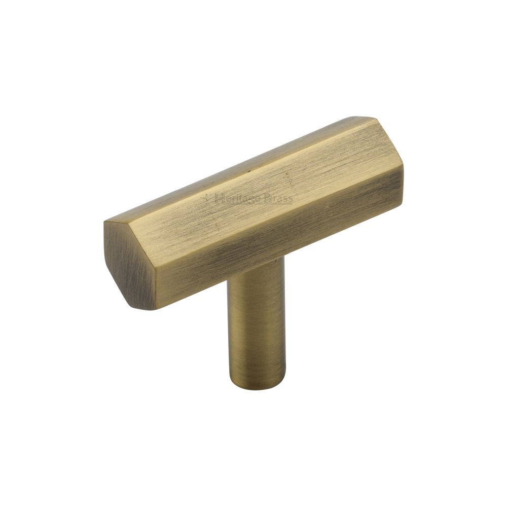 This is an image of a Heritage Brass - Cabinet Knob Hexagon T-Bar Design 41mm Antique Brass Finish, c2235-at that is available to order from T.H Wiggans Ironmongery in Kendal.