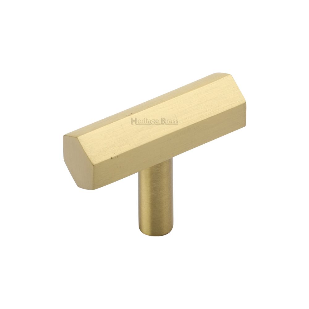 This is an image of a Heritage Brass - Cabinet Knob Hexagon T-Bar Design 41mm Satin Brass Finish, c2235-sb that is available to order from T.H Wiggans Ironmongery in Kendal.