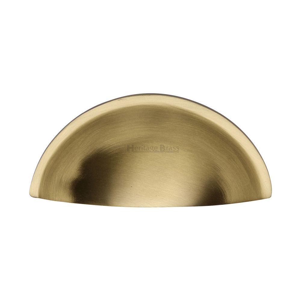 This is an image of a Heritage Brass - Drawer Cup Pull Half Moon Design 57mm CTC Satin Brass Finish, c2760-sb that is available to order from T.H Wiggans Ironmongery in Kendal.