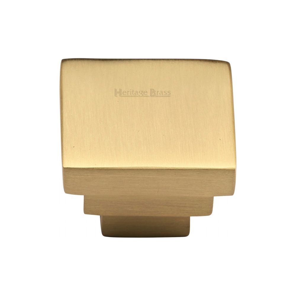 This is an image of a Heritage Brass - Cabinet Knob Square Stepped Design 32mm Satin Brass Finish, c3672-32-sb that is available to order from T.H Wiggans Ironmongery in Kendal.