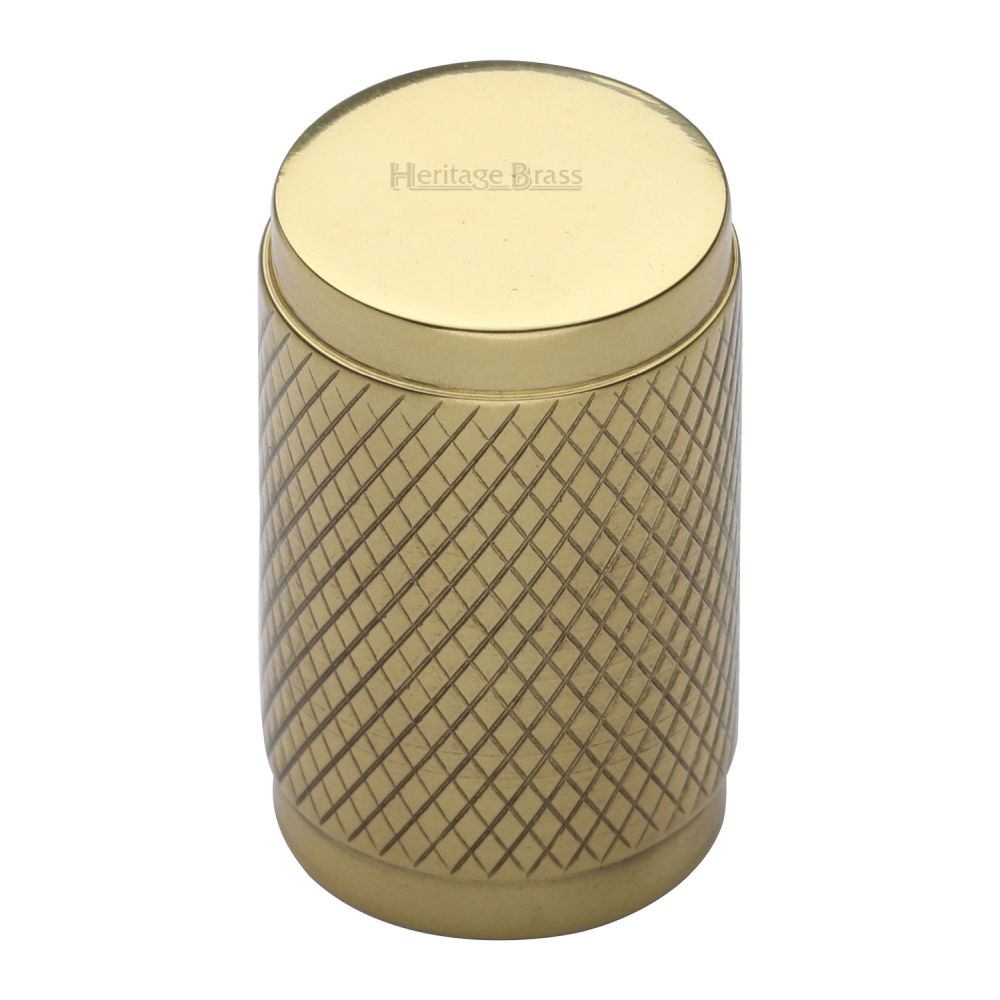 This is an image of a Heritage Brass - Cabinet Knob Cylindric Knurled Design 21mm Polished Brass Finish, c3840-pb that is available to order from T.H Wiggans Ironmongery in Kendal.