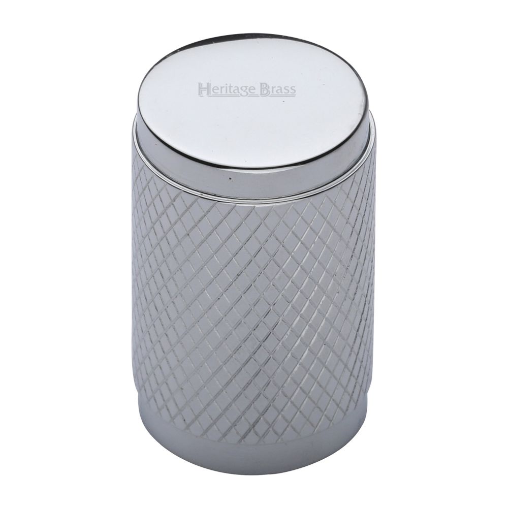 This is an image of a Heritage Brass - Cabinet Knob Cylindric Knurled Design 21mm Polished Chrome Finish, c3840-pc that is available to order from T.H Wiggans Ironmongery in Kendal.