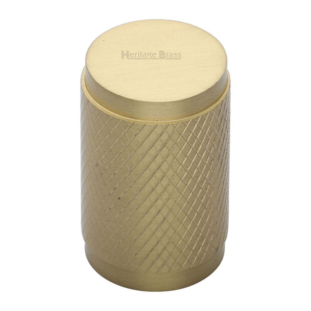 This is an image of a Heritage Brass - Cabinet Knob Cylindric Knurled Design 21mm Satin Brass Finish, c3840-sb that is available to order from T.H Wiggans Ironmongery in Kendal.