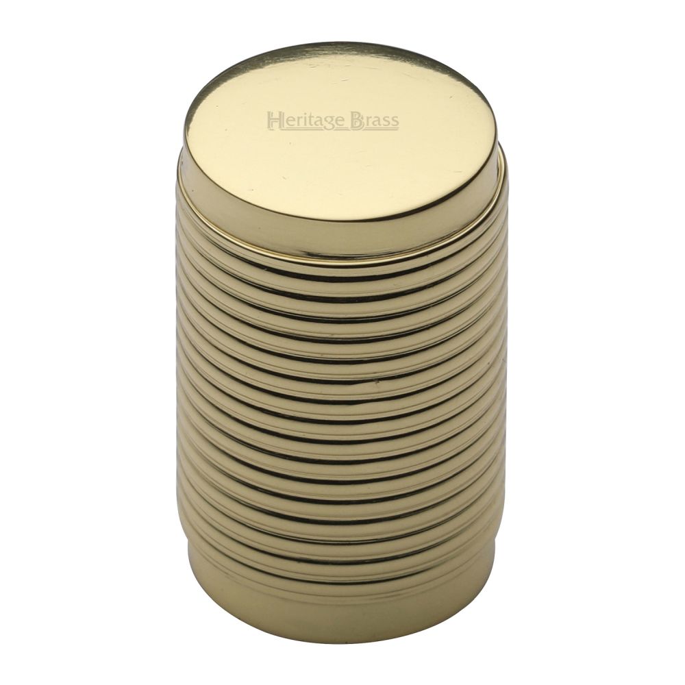 This is an image of a Heritage Brass - Cabinet Knob Cylindric Ribbed Design 21mm Polished Brass Finish, c3850-pb that is available to order from T.H Wiggans Ironmongery in Kendal.