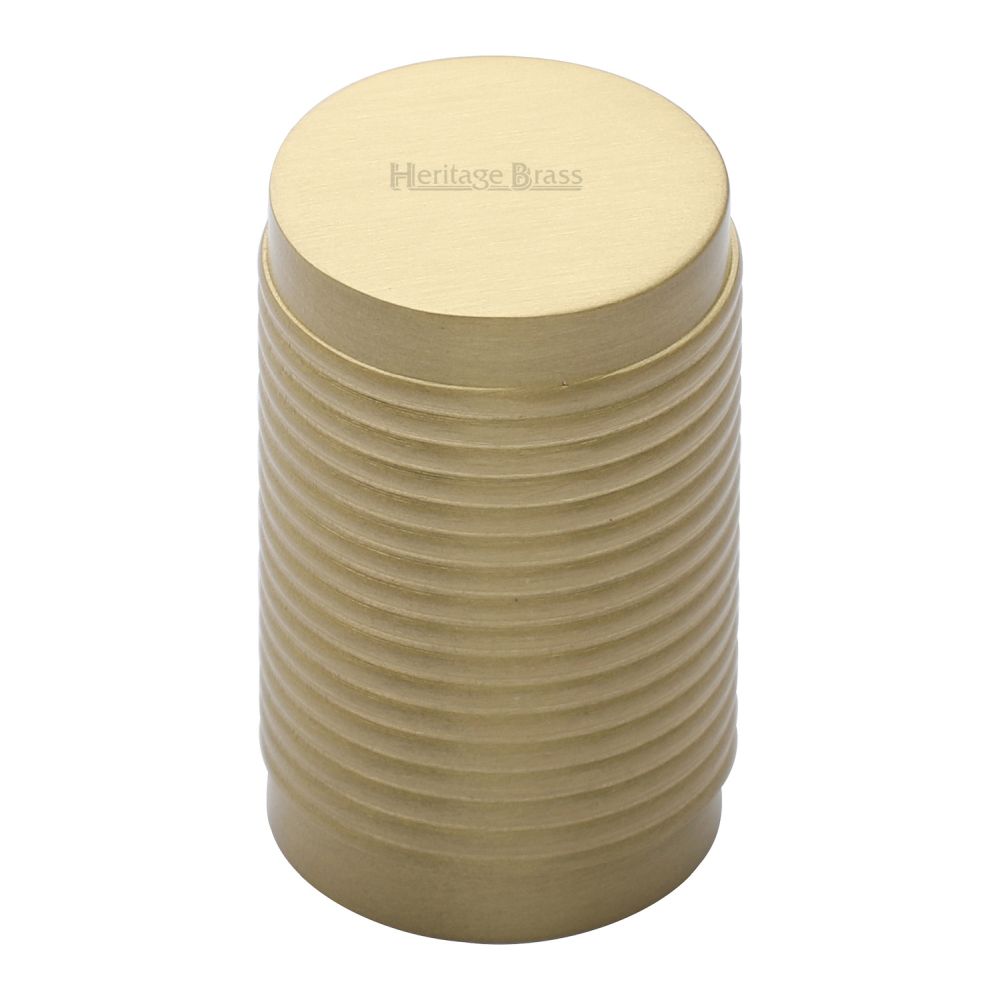 This is an image of a Heritage Brass - Cabinet Knob Cylindric Ribbed Design 21mm Satin Brass Finish, c3850-sb that is available to order from T.H Wiggans Ironmongery in Kendal.