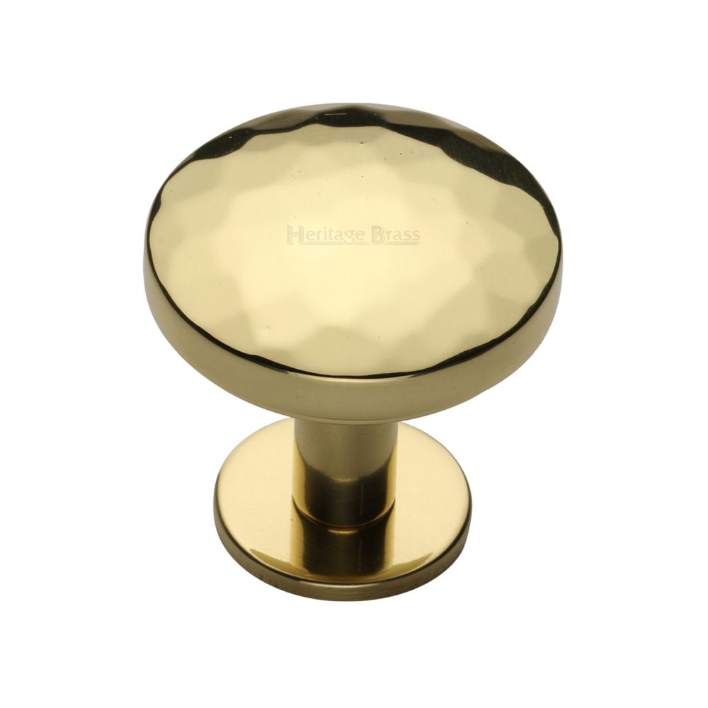 This is an image of a Heritage Brass - Cabinet Knob Round Hammered Design with Rose 32mm Polished Brass Fi, c3876-32-pb that is available to order from T.H Wiggans Ironmongery in Kendal.