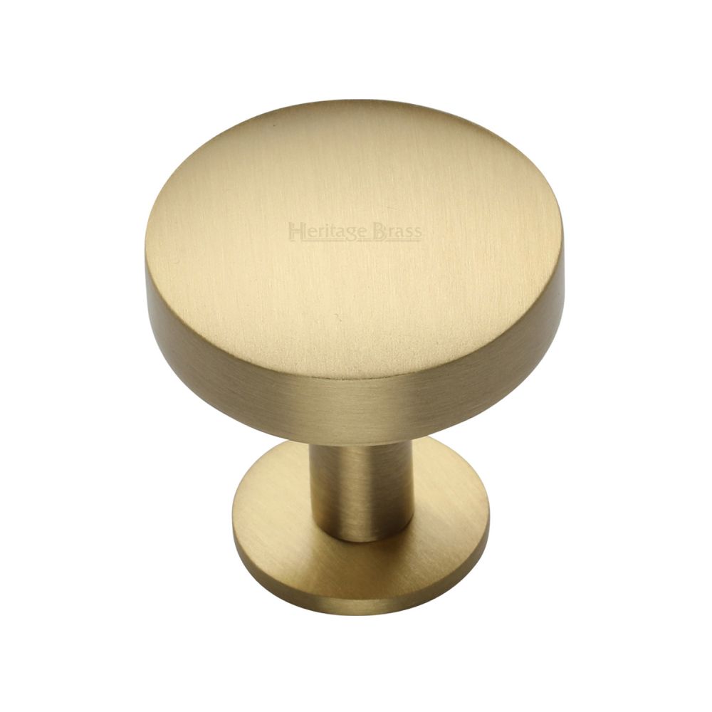 This is an image of a Heritage Brass - Cabinet Knob Domed Disc Design with Rose 32mm Satin Brass Finish, c3878-32-sb that is available to order from T.H Wiggans Ironmongery in Kendal.