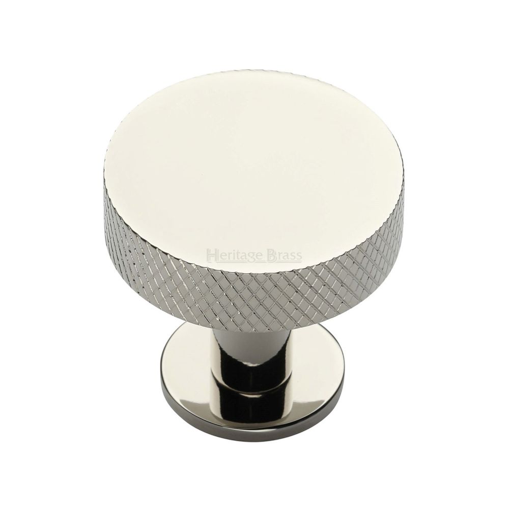 This is an image of a Heritage Brass - Cabinet Knob Disc Knurled Design with Rose 32mm Polished Nickel Fin, c3882-32-pnf that is available to order from T.H Wiggans Ironmongery in Kendal.