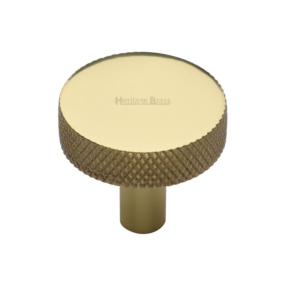 This is an image of a Heritage Brass - Cabinet Knob Knurled Disc Design 32mm Polished Brass Finish, c3884-32-pb that is available to order from T.H Wiggans Ironmongery in Kendal.