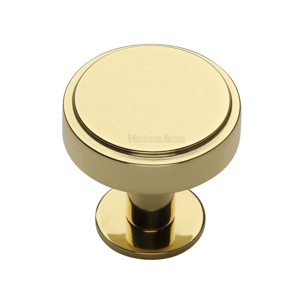 This is an image of a Heritage Brass - Cabinet Knob Stepped Disc Design with Rose 32mm Polished Brass Fini, c3954-32-pb that is available to order from T.H Wiggans Ironmongery in Kendal.