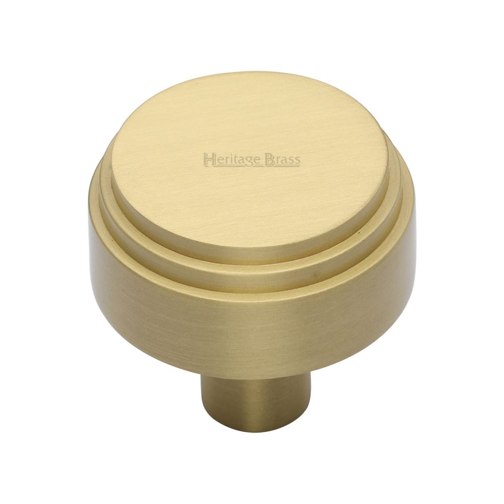 This is an image of a Heritage Brass - Cabinet Knob Round Deco Design 32mm Satin Brass Finish, c3987-32-sb that is available to order from T.H Wiggans Ironmongery in Kendal.