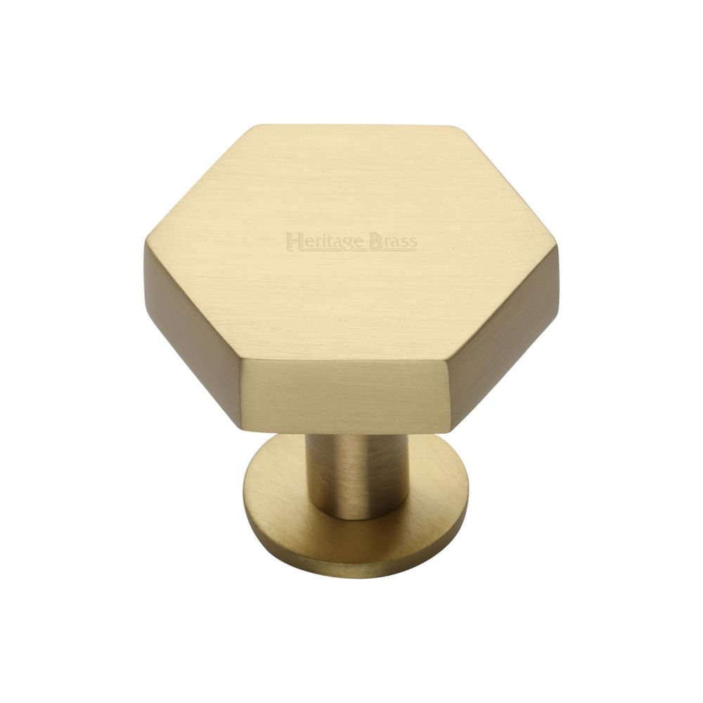 This is an image of a Heritage Brass - Cabinet Knob Hexagon Design with Rose 32mm Satin Brass Finish, c4345-32-sb that is available to order from T.H Wiggans Ironmongery in Kendal.