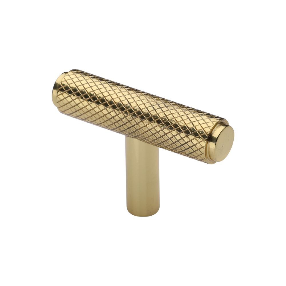 This is an image of a Heritage Brass - Cabinet Knob Knurled T-Bar Design 45mm Polished Brass Finish, c4415-pb that is available to order from T.H Wiggans Ironmongery in Kendal.