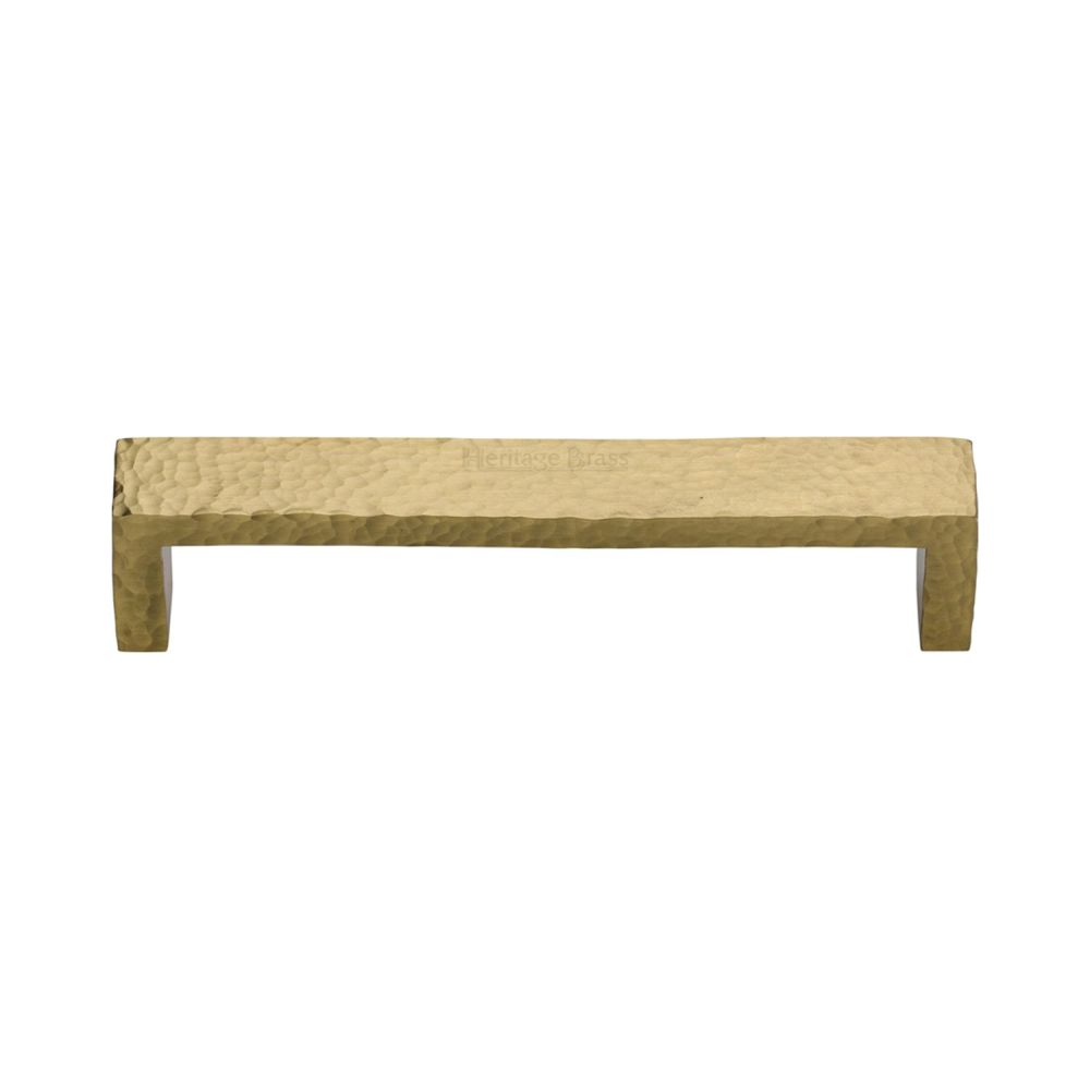 This is an image of a Heritage Brass - Cabinet Pull Hammered Wide Metro Design 128mm CTC Satin Brass Fi, c4525-128-sb that is available to order from T.H Wiggans Ironmongery in Kendal.