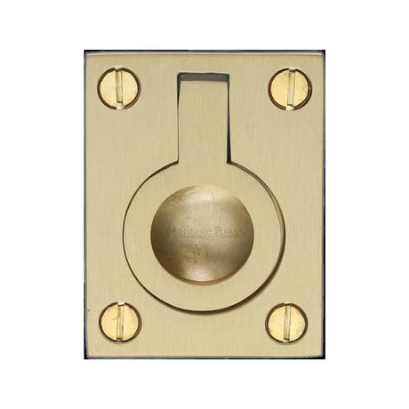 This is an image of a Heritage Brass - Cabinet Pull Flush Ring Design 38mm Satin Brass Finish, c6337-38-sb that is available to order from T.H Wiggans Ironmongery in Kendal.