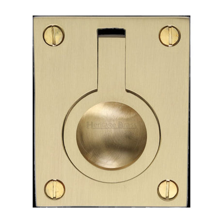 This is an image of a Heritage Brass - Cabinet Pull Flush Ring Design 50mm Satin Brass Finish, c6337-50-sb that is available to order from T.H Wiggans Ironmongery in Kendal.