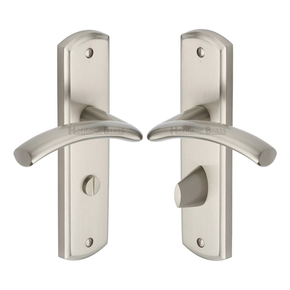 This is an image of a Heritage Brass - Door Handle for Bathroom Centaur Design Satin Nickel Finish, cen1030-sn that is available to order from T.H Wiggans Ironmongery in Kendal.