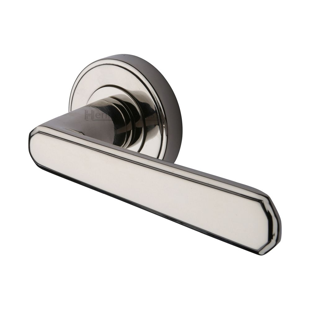 This is an image of a Heritage Brass - Door Handle Lever Latch on Round Rose Century Design Polished Nicke, cen1924-pnf that is available to order from T.H Wiggans Ironmongery in Kendal.