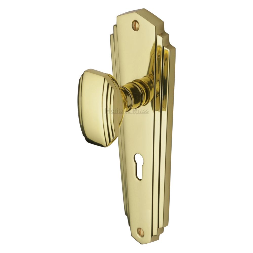 This is an image of a Heritage Brass - Mortice Knob on Lock Plate Charlston Design Polished Brass Finish, cha1900-pb that is available to order from T.H Wiggans Ironmongery in Kendal.