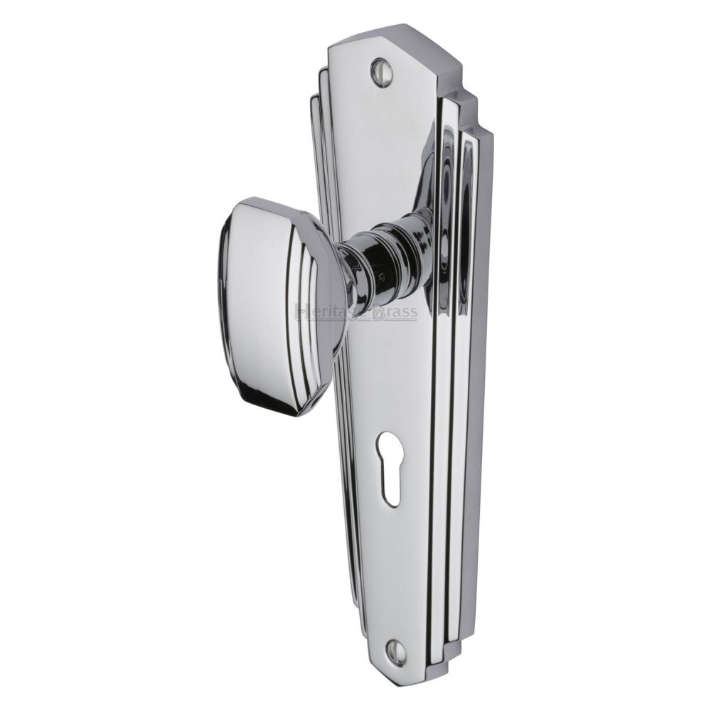 This is an image of a Heritage Brass - Mortice Knob on Lock Plate Charlston Design Polished Chrome Finish, cha1900-pc that is available to order from T.H Wiggans Ironmongery in Kendal.
