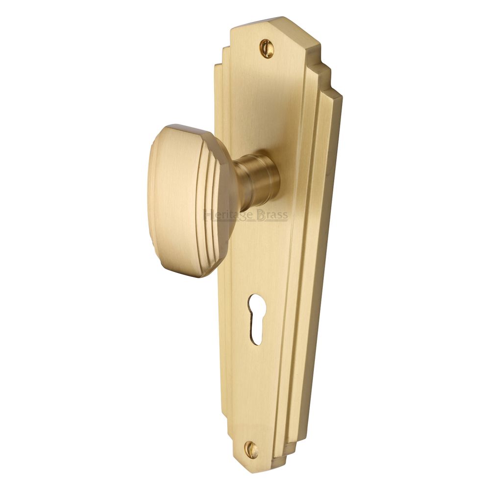This is an image of a Heritage Brass - Mortice Knob on Lock Plate Charlston Design Satin Brass Finish, cha1900-sb that is available to order from T.H Wiggans Ironmongery in Kendal.