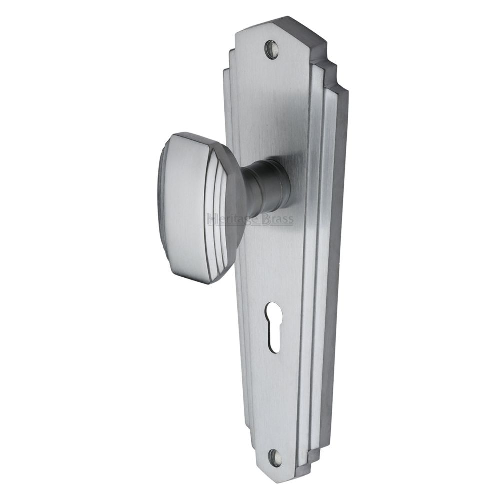 This is an image of a Heritage Brass - Mortice Knob on Lock Plate Charlston Design Satin Chrome Finish, cha1900-sc that is available to order from T.H Wiggans Ironmongery in Kendal.