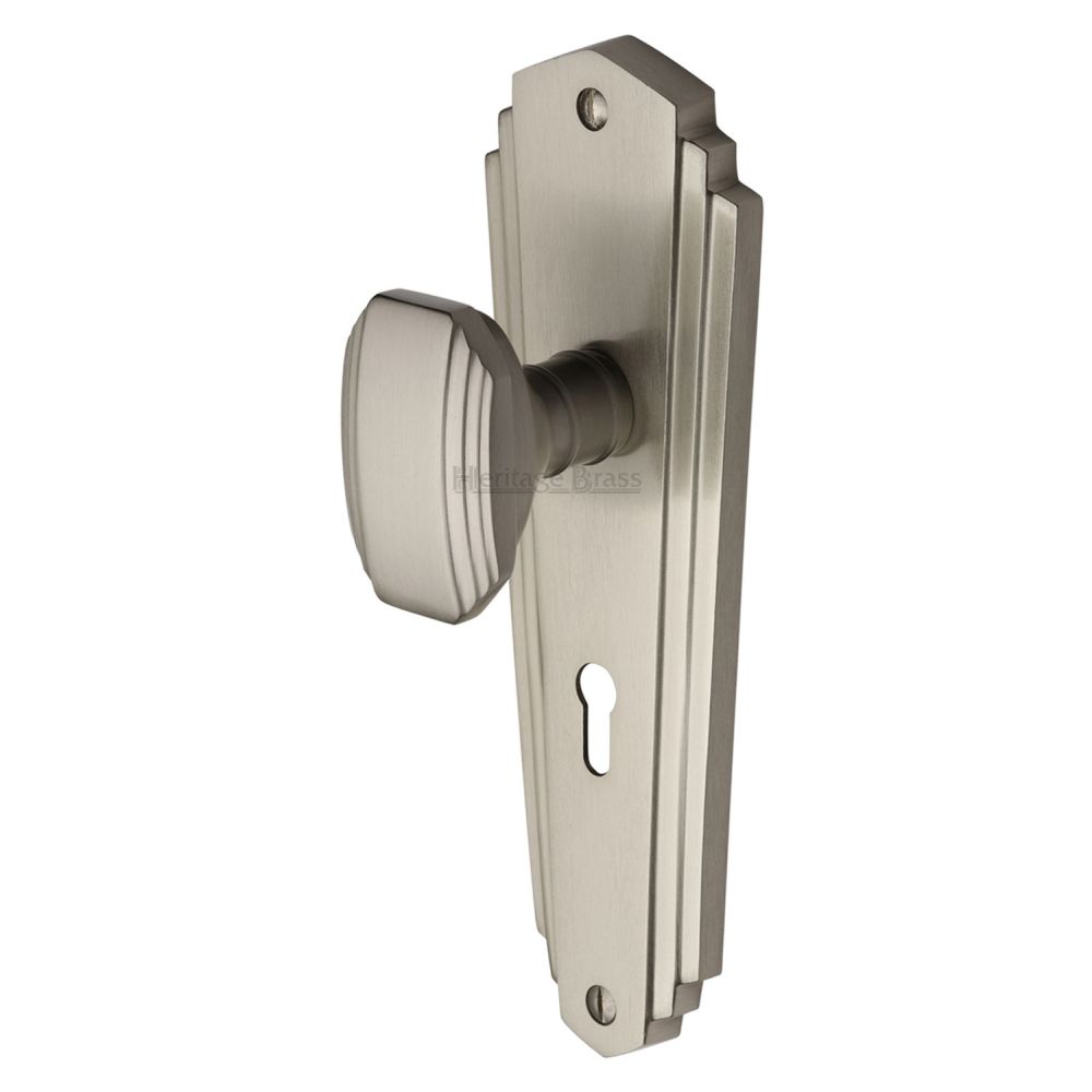 This is an image of a Heritage Brass - Mortice Knob on Lock Plate Charlston Design Satin Nickel Finish, cha1900-sn that is available to order from T.H Wiggans Ironmongery in Kendal.