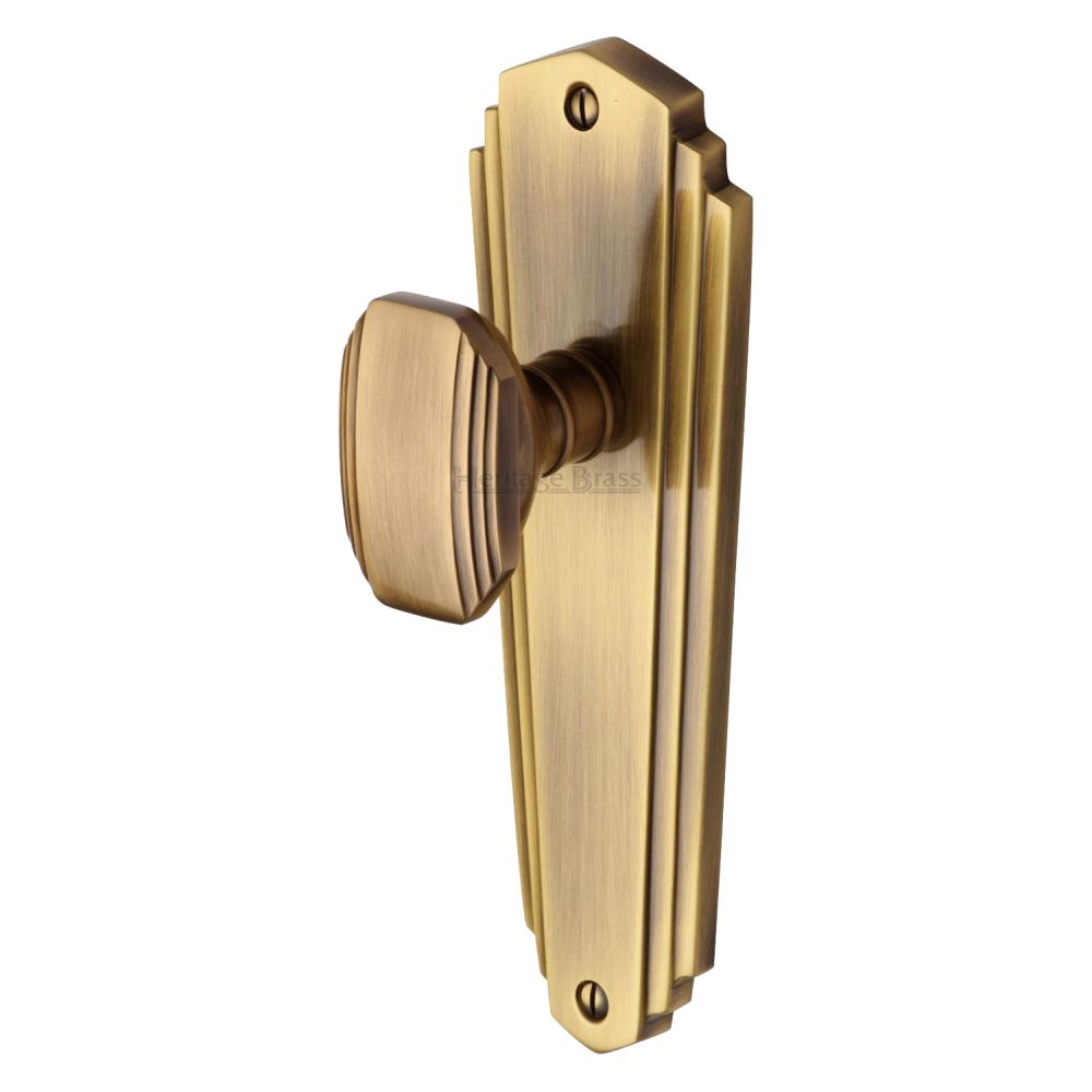 This is an image of a Heritage Brass - Mortice Knob on Latch Plate Charlston Design Antique Brass Finish, cha1910-at that is available to order from T.H Wiggans Ironmongery in Kendal.