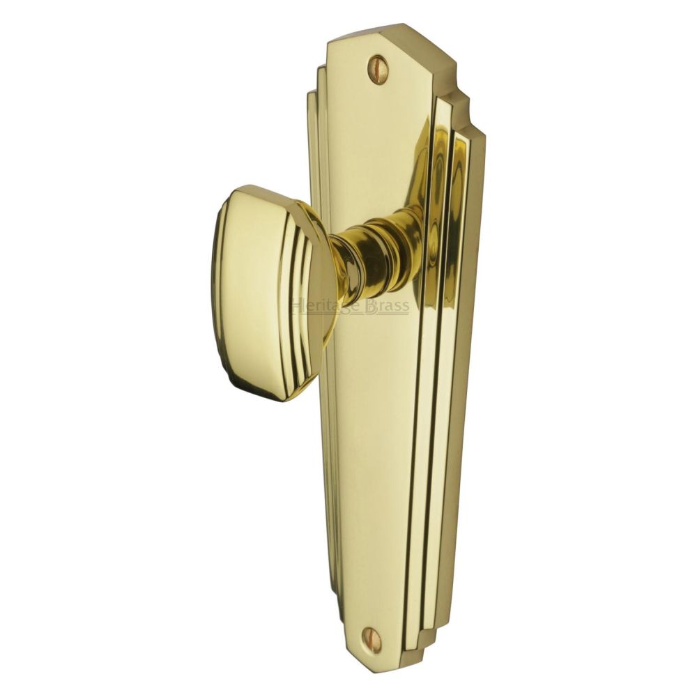This is an image of a Heritage Brass - Mortice Knob on Latch Plate Charlston Design Polished Brass Finish, cha1910-pb that is available to order from T.H Wiggans Ironmongery in Kendal.