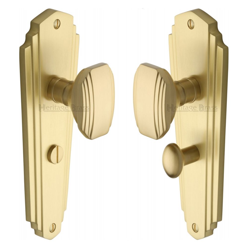 This is an image of a Heritage Brass - Mortice Knob on Bathroom Plate Charlston Design Satin Brass Fini, cha1930-sb that is available to order from T.H Wiggans Ironmongery in Kendal.