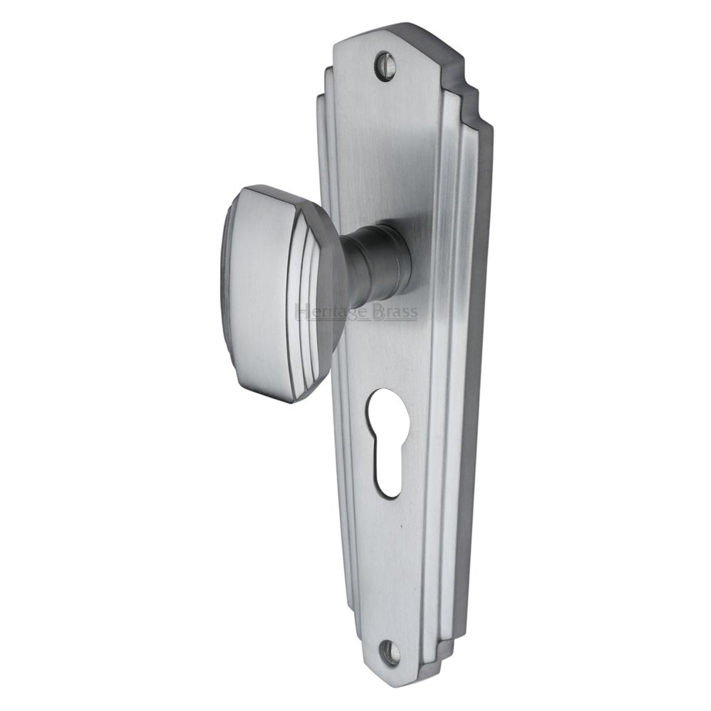 This is an image of a Heritage Brass - Mortice Knob on Euro Profile Plate Charlston Design Satin Chrome, cha1948-sc that is available to order from T.H Wiggans Ironmongery in Kendal.