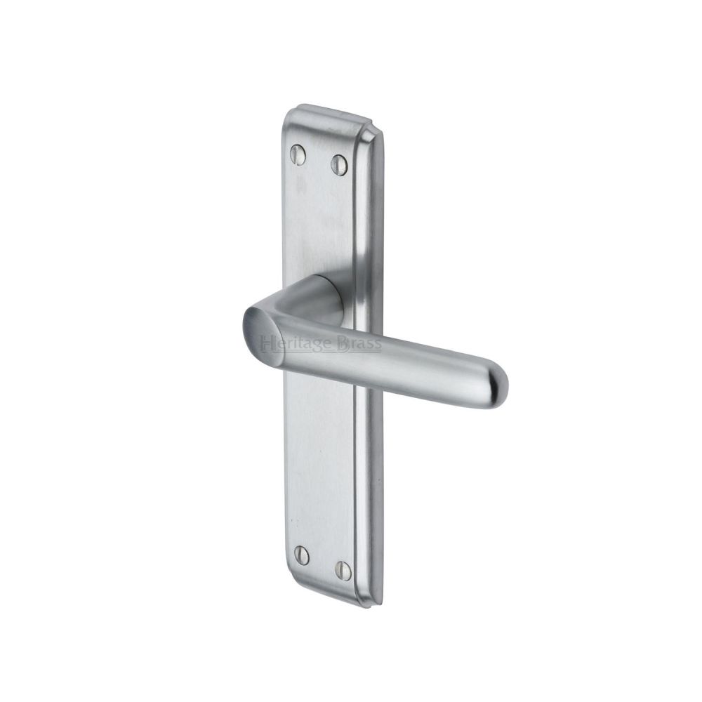 This is an image of a Heritage Brass - Door Handle Lever Latch Deco Design Satin Chrome Finish, dec3010-sc that is available to order from T.H Wiggans Ironmongery in Kendal.