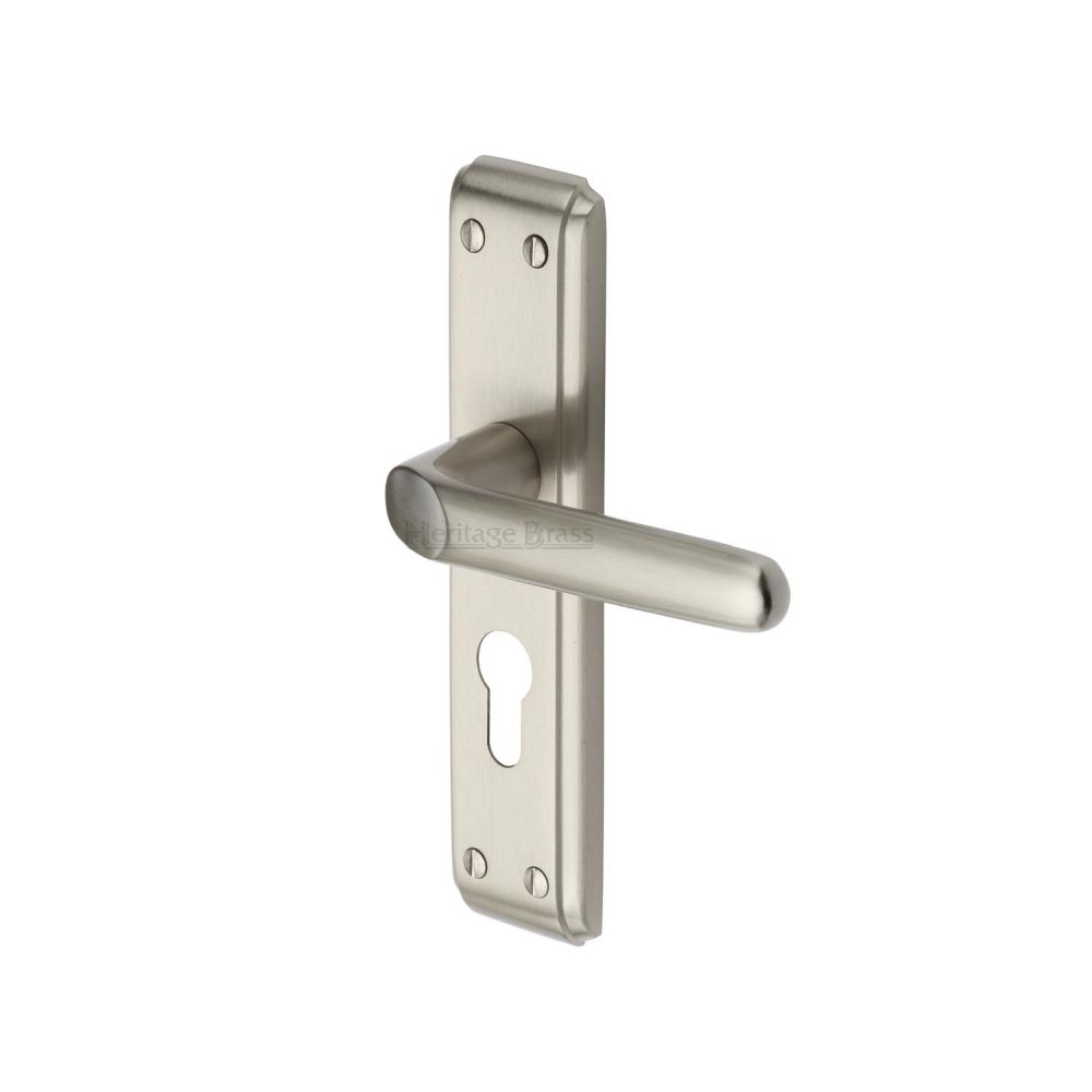 This is an image of a Heritage Brass - Door Handle for Euro Profile Plate Deco Design Satin Nickel Fini, dec3048-sn that is available to order from T.H Wiggans Ironmongery in Kendal.