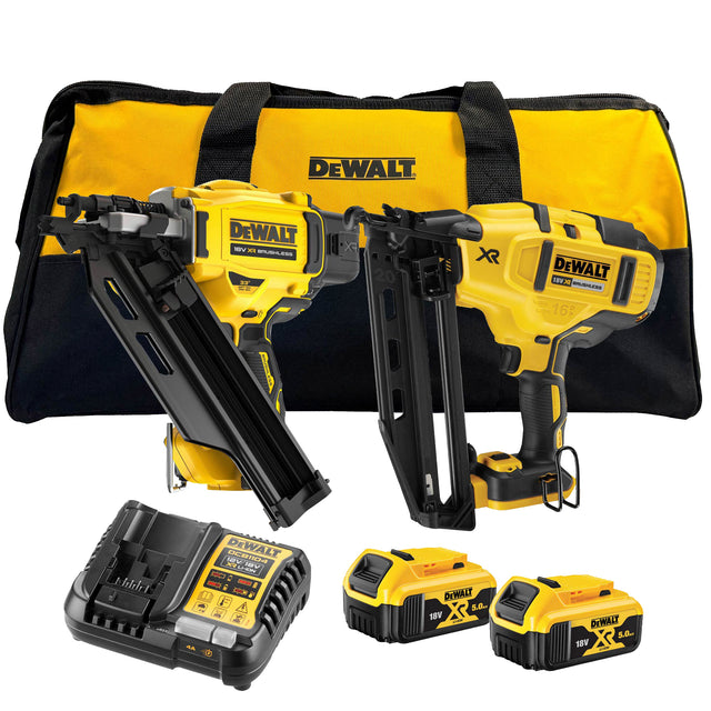 DEWALT DCK246P2 18v Brushless Nailer Twin Pack with 2 x 5ah batteries and a carry bag