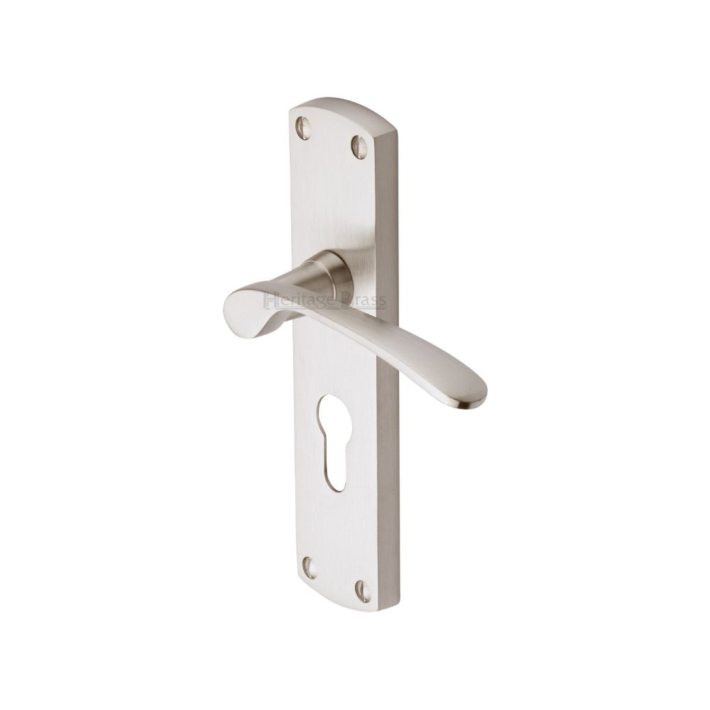 This is an image of a Heritage Brass - Door Handle for Euro Profile Plate Diplomat Design Satin Nickel, dip7848-sn that is available to order from T.H Wiggans Ironmongery in Kendal.