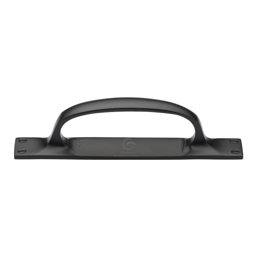 This is an image of a M.Marcus - Black Iron Rustic Cabinet Pull Handle On Plate 228mm, fb1142-228 that is available to order from T.H Wiggans Ironmongery in Kendal.