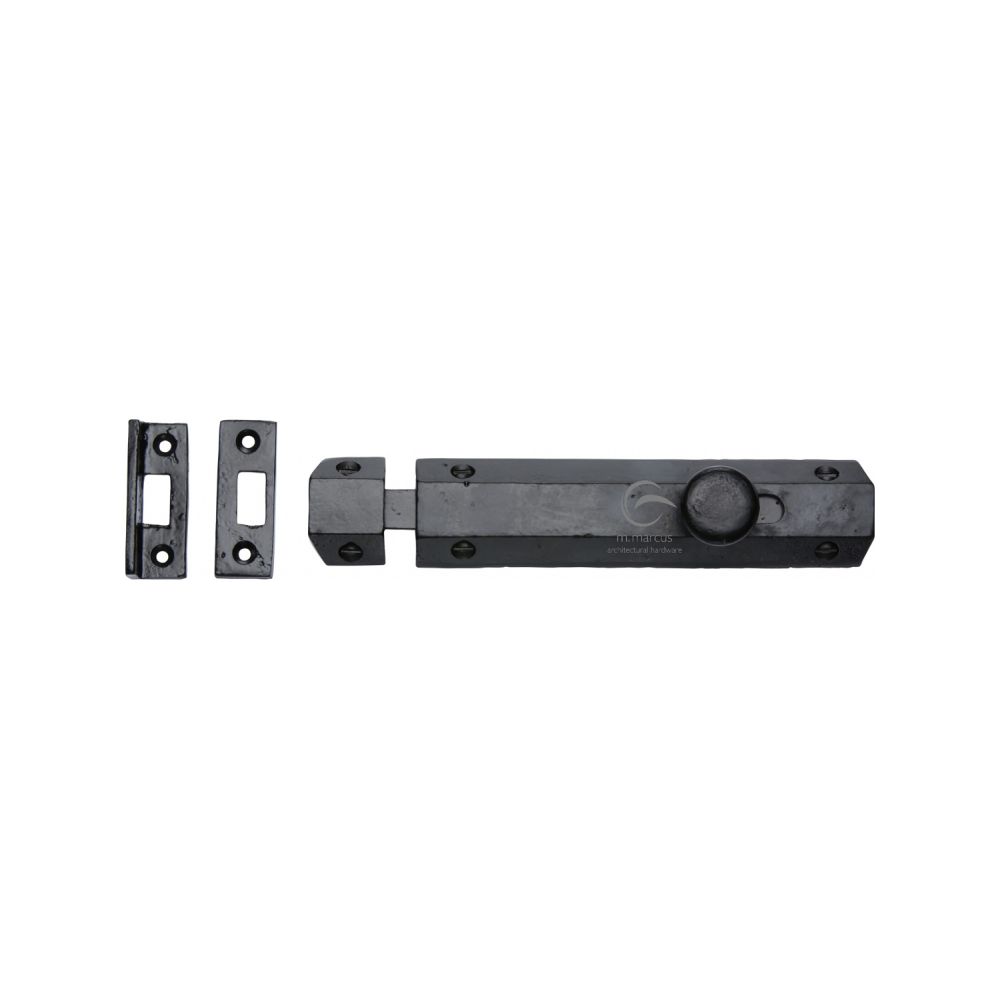 This is an image of a M.Marcus - Black Iron Rustic Door Bolt Flat 6", fb1685-152 that is available to order from T.H Wiggans Ironmongery in Kendal.